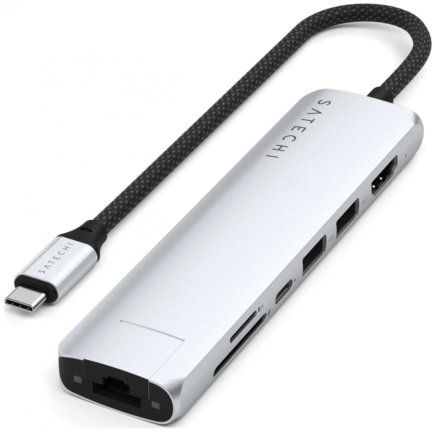 Satechi 7-w-1 USB-C Slim Multiport Adapter Ethernet USB-C PD, 2x USB-A, HDMI 4K, Ethernet, czytnik kart micro/SD srebrny ST-P7SS