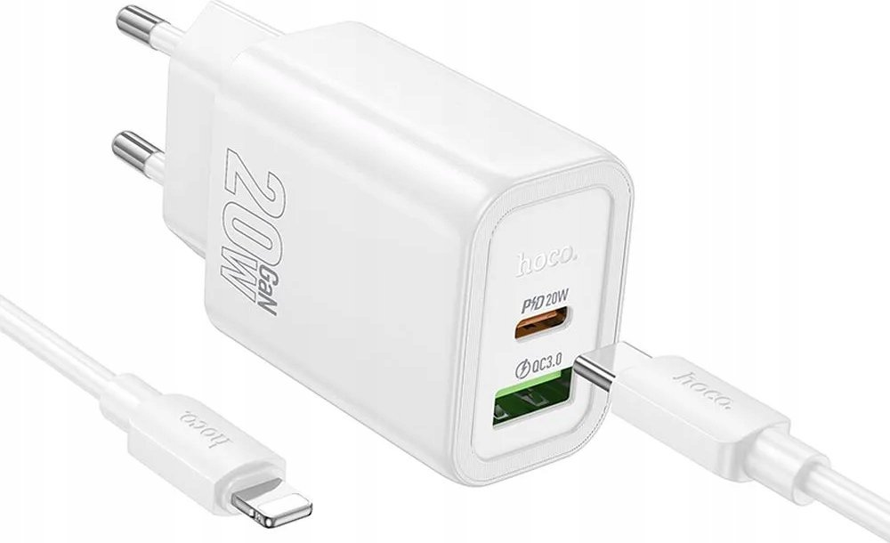 HOCO ładowarka sieciowa USB A + Typ C + kabel Typ C do Lightning PD QC3.0 3A 20W N61 biała