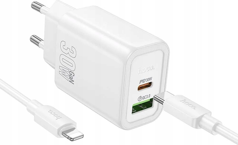 HOCO ładowarka sieciowa USB A + Typ C + kabel Typ C do Lightning PD QC3.0 3A 30W N63 biała
