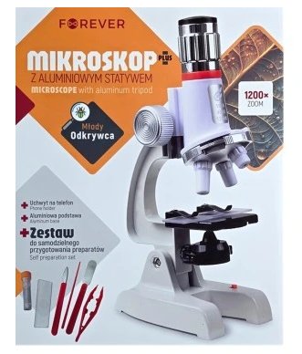 Mikroskop z aluminiowym statywem FOREVER + Zestaw przygotowania preparatów