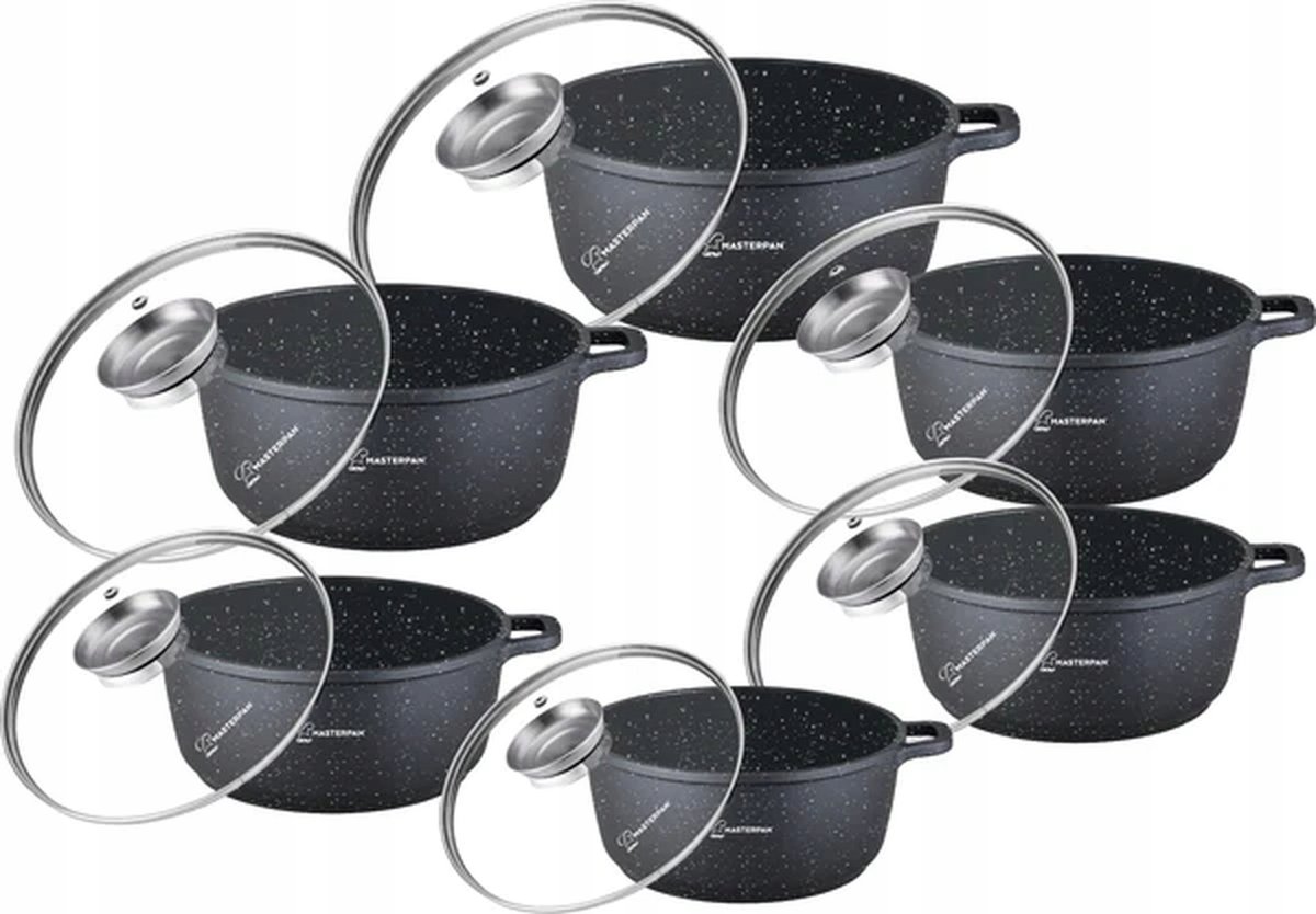 Zestaw Garnków Marmurowych 12 El. Czarny Indukcja Gaz Elektryka