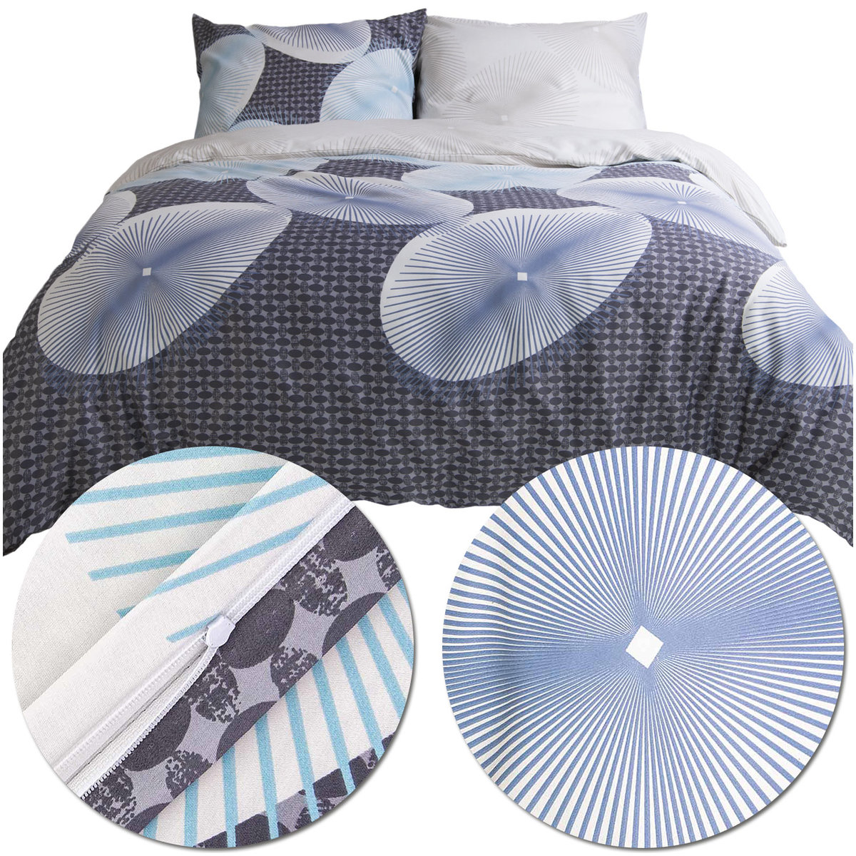 Komplet pościeli 200x220 z satyny bawełnianej Enno geometryczny niebieski