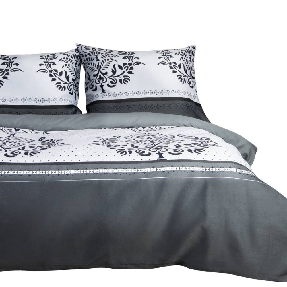 Pościel bawełniana 140x200 satyna BAWEŁNA białe i szare pasy w ornamenty