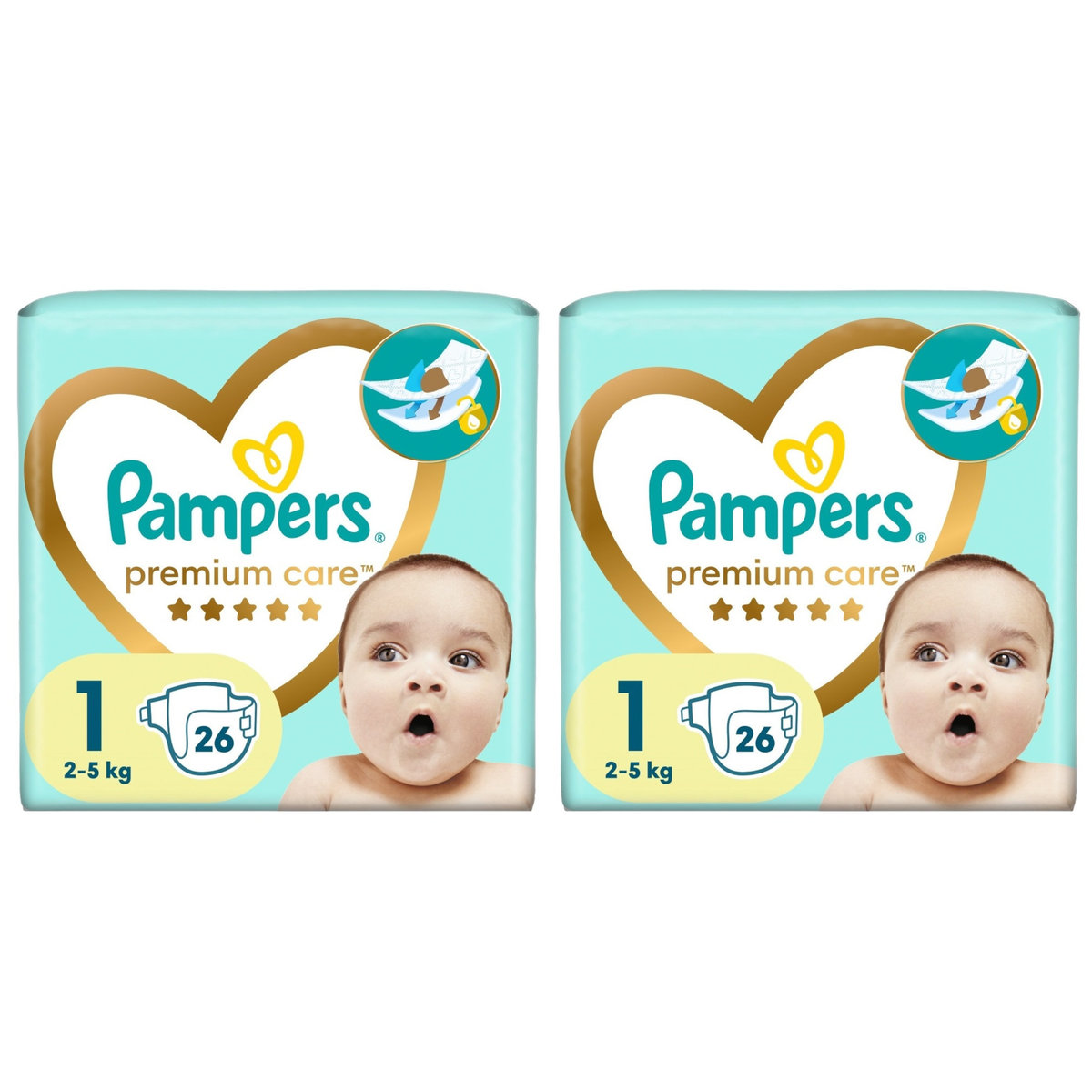 2x Pieluchy PAMPERS Premium Care Skin Comfort rozmiar 1 (2-5 kg) 26 szt