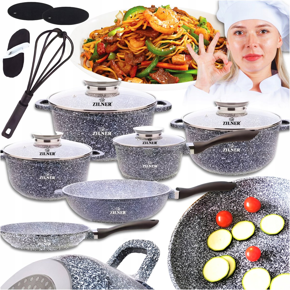 ZESTAW GARNKÓW MARMUROWYCH PATELNIA DUŻY KOMPLET GARNKÓW INDUKCJA / GAZ