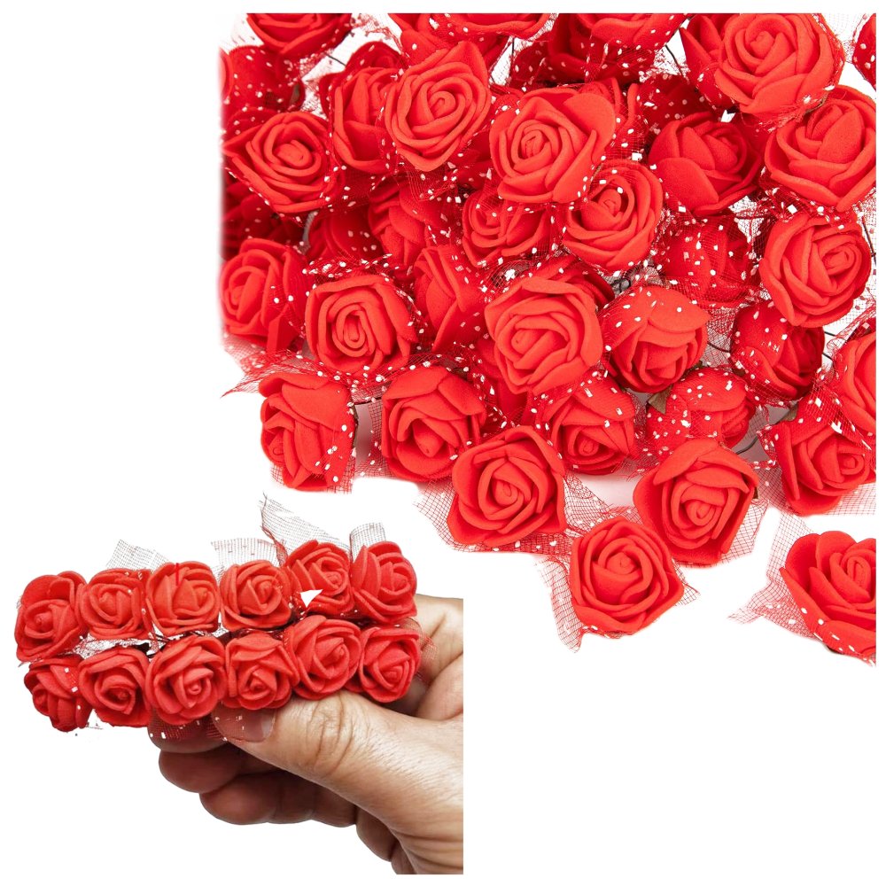 Różyczki Róże Piankowe Z Tiulem Na Druciku Czerwone 2 Cm 12 Sztuk