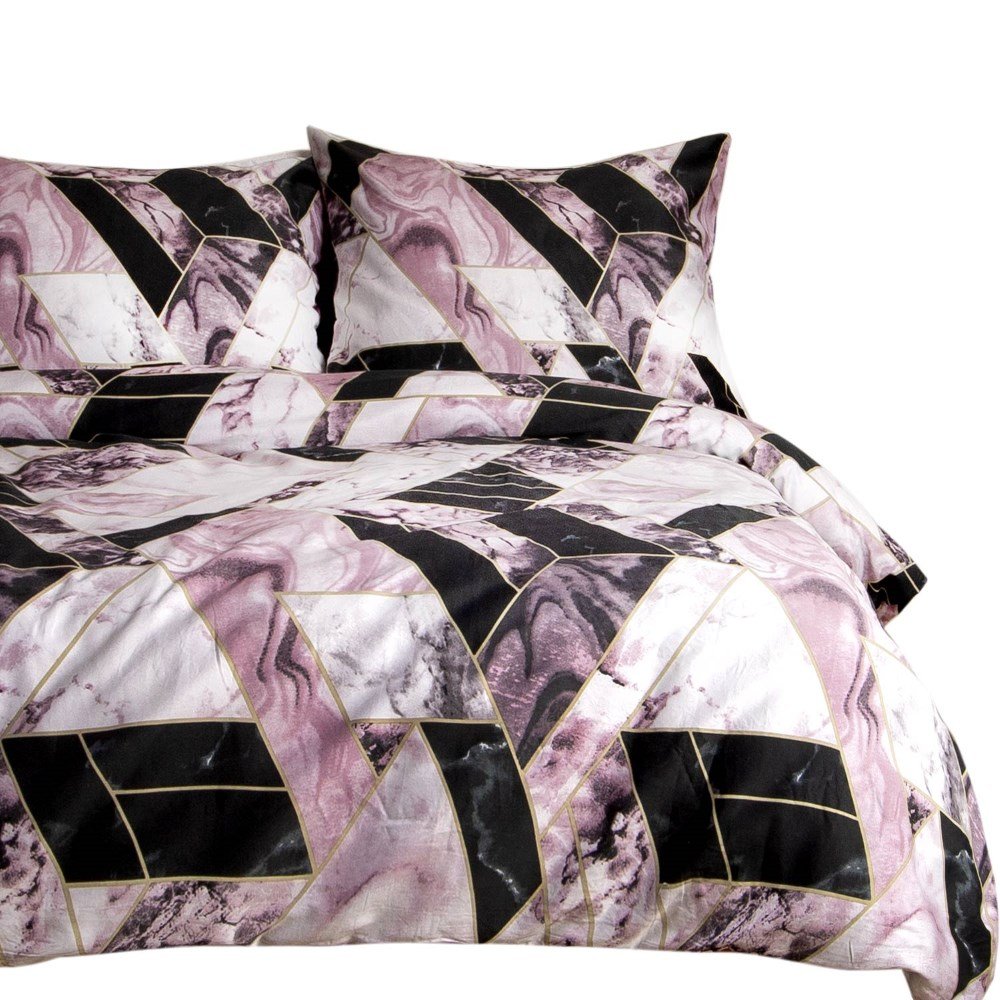 Pościel bawełniana 180x200 satyna BAWEŁNA czarno różowy geometryczny marmur