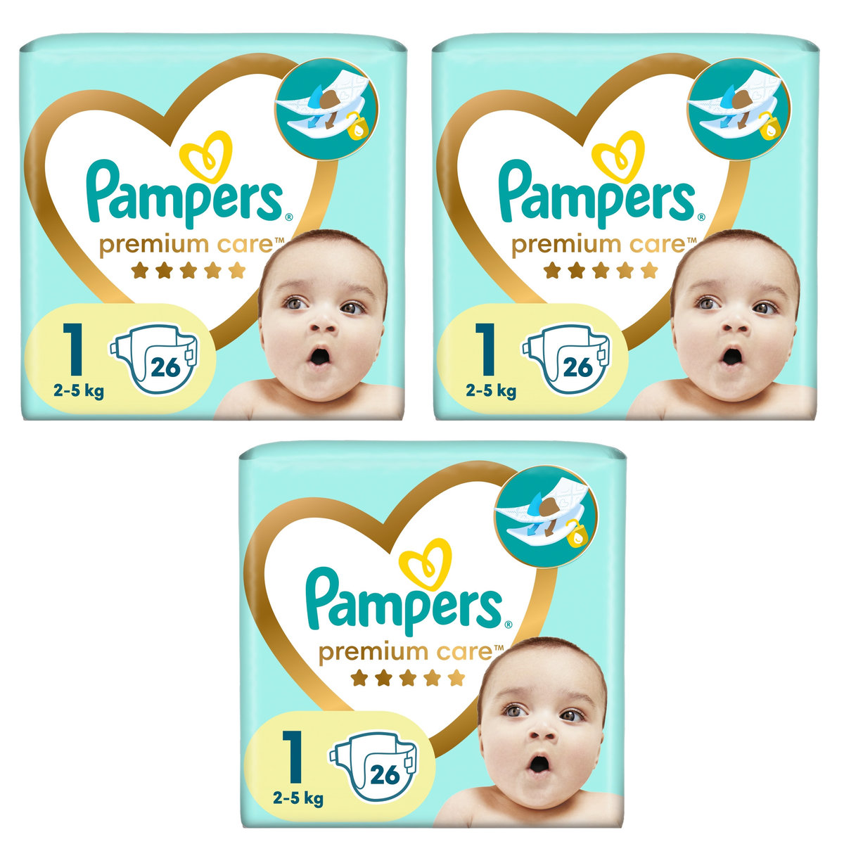 3x Pieluchy PAMPERS Premium Care Skin Comfort rozmiar 1 (2-5 kg) 26 szt