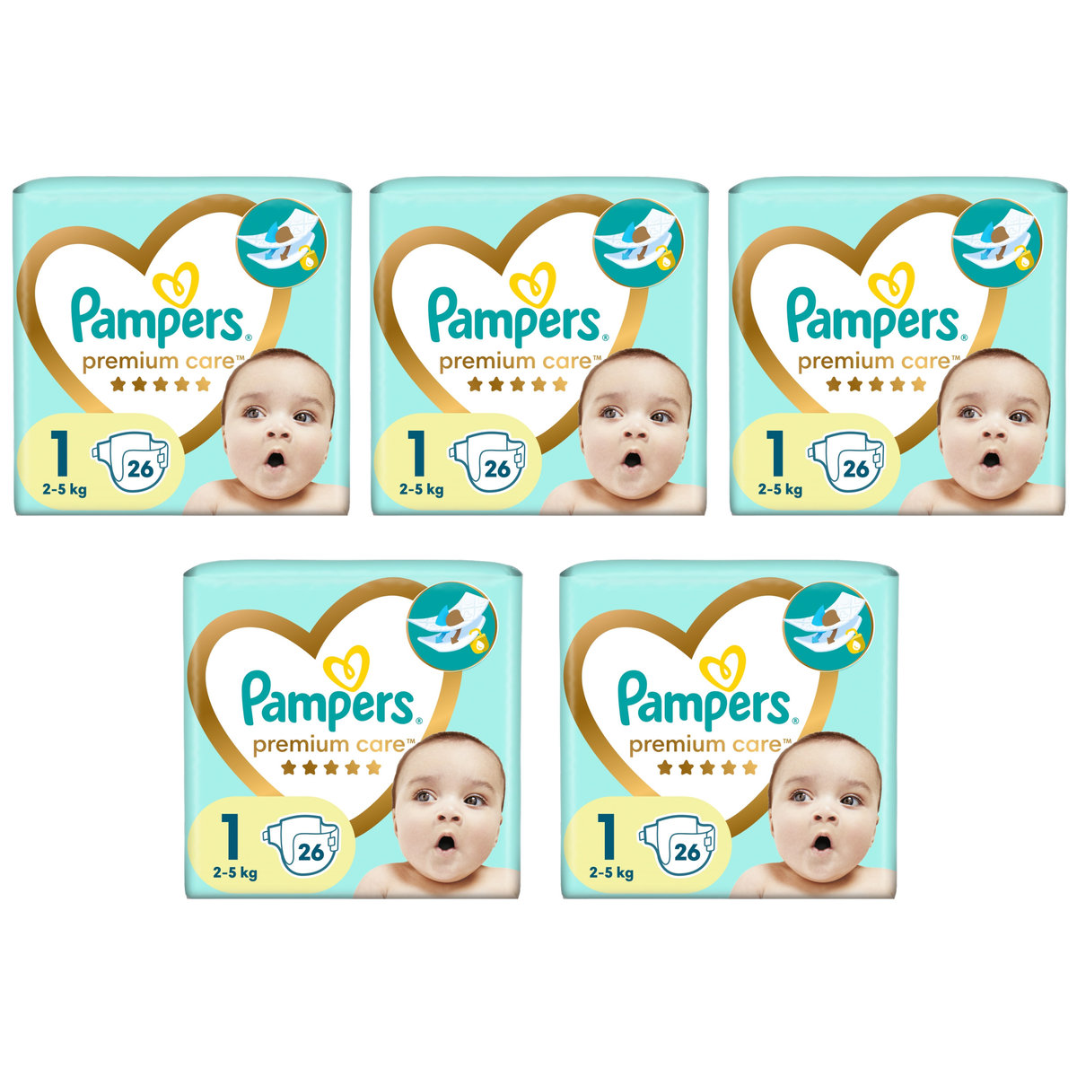 5x Pieluchy PAMPERS Premium Care Skin Comfort rozmiar 1 (2-5 kg) 26 szt