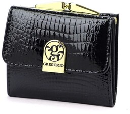Portfel Damski Skórzany GREGORIO Skóra Licowa Lakierowany Mały Z Klamrą RFID GF-126 CZARNY 9.5 x 8 x 2.5 [cm]