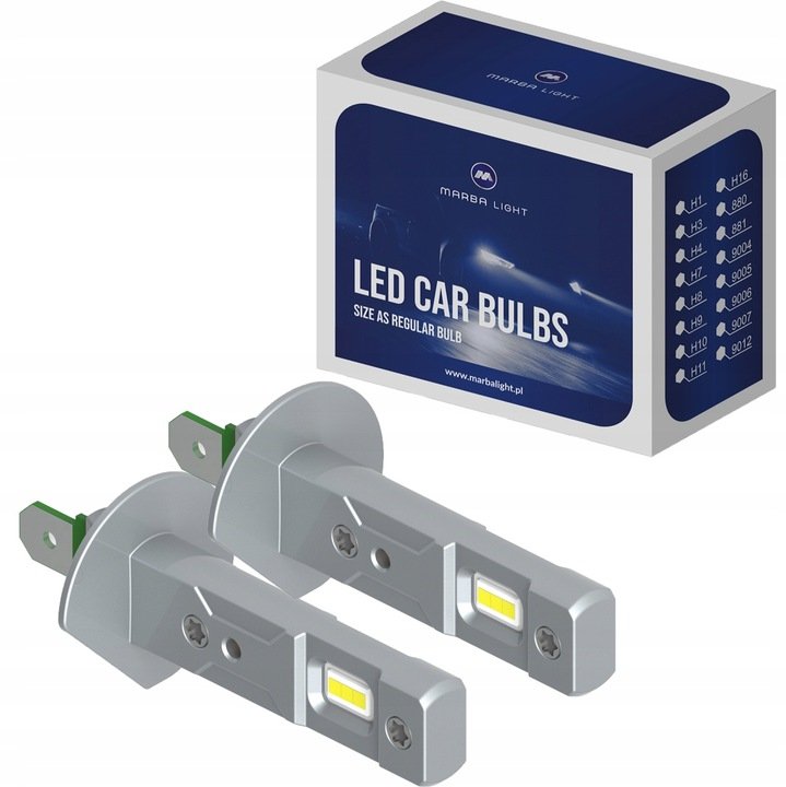 Żarówki H1 LED Marba Light 6000K białe 1:1, oryginalny rozmiar.