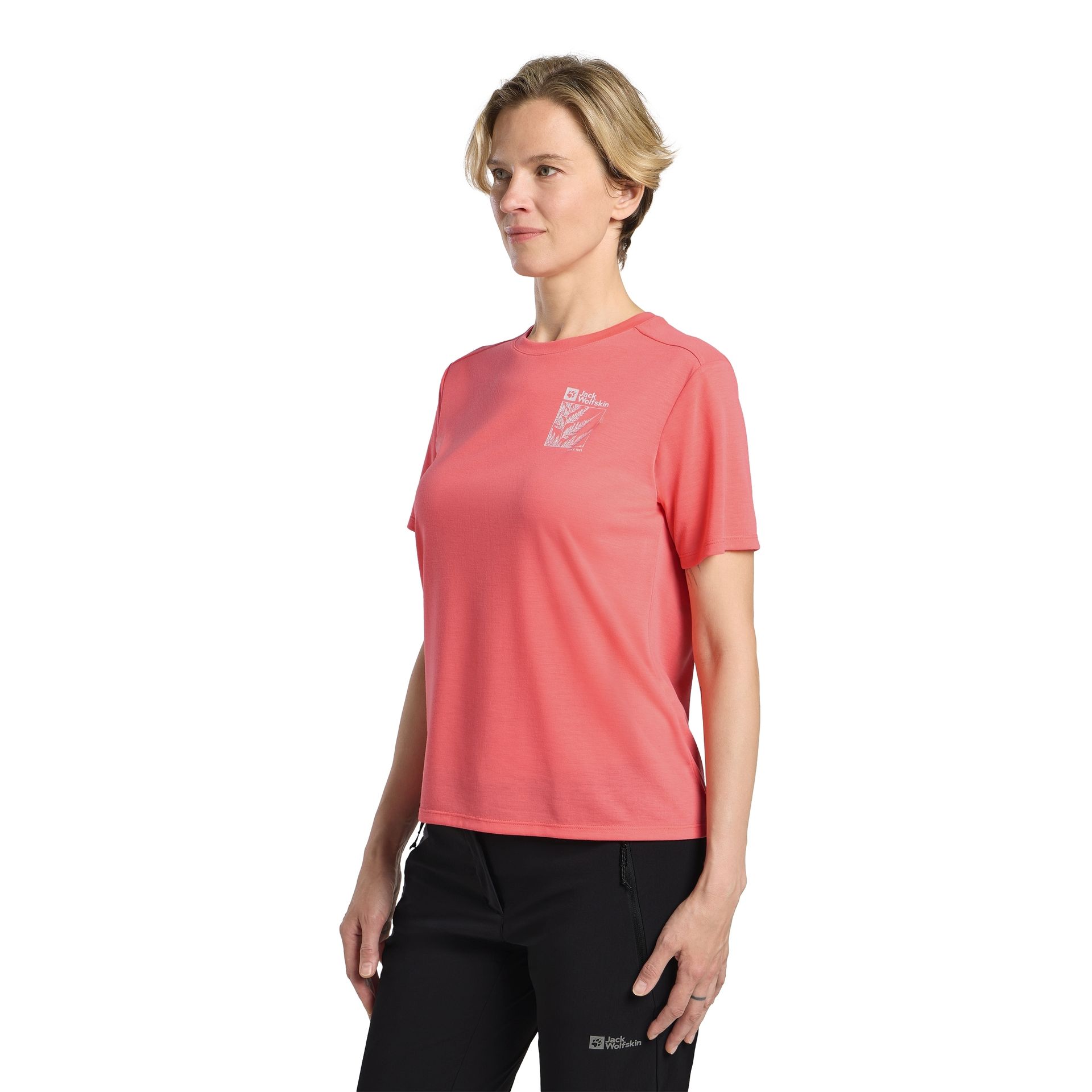 Damska koszulka funkcjonalna Jack Wolfskin VONNAN GRAPHIC T W EXPLORE sunset coral - XS