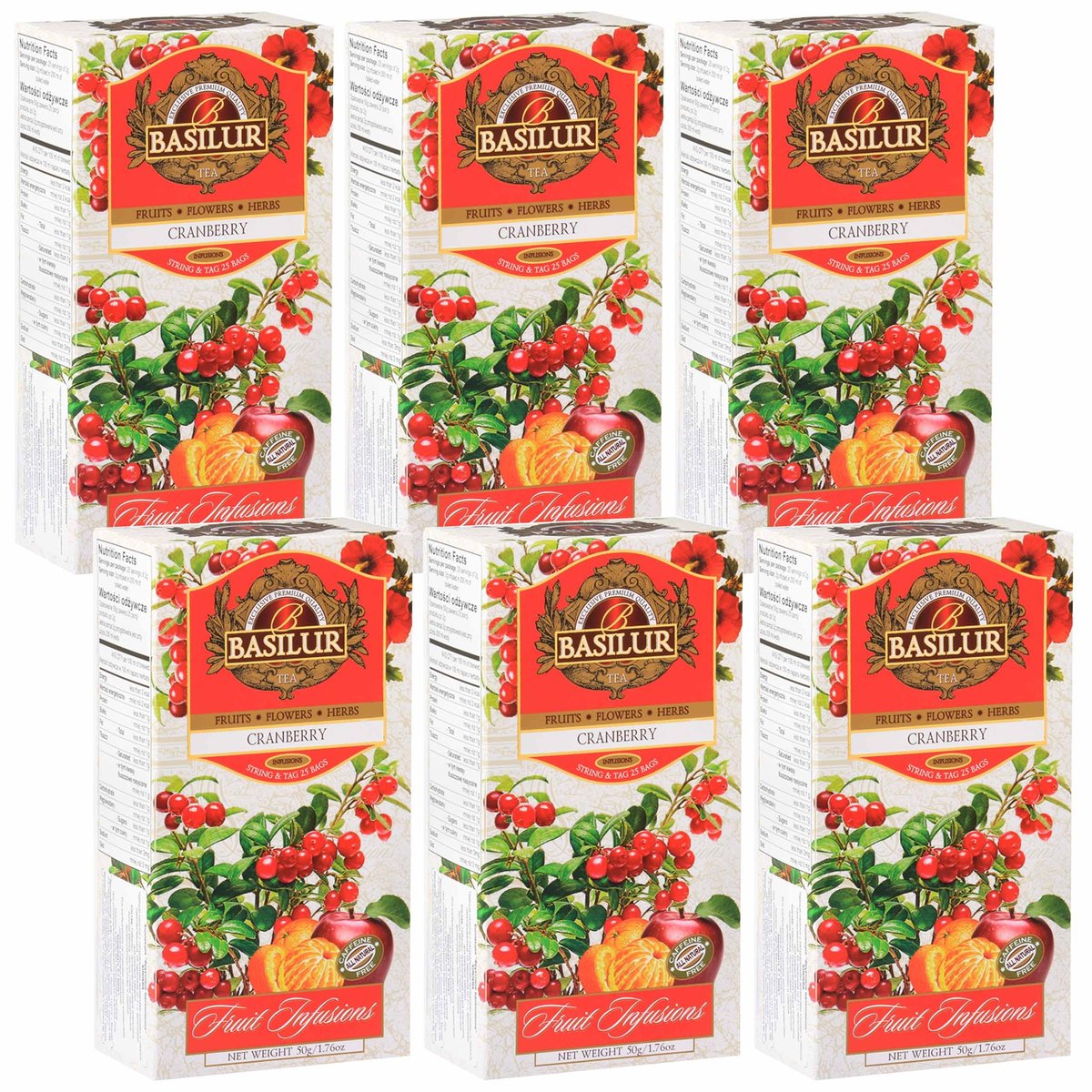 BASILUR Fruit Infusions Owocowa herbata bezkofeinowa z aromatem żurawiny i cytryny 25x2g x6