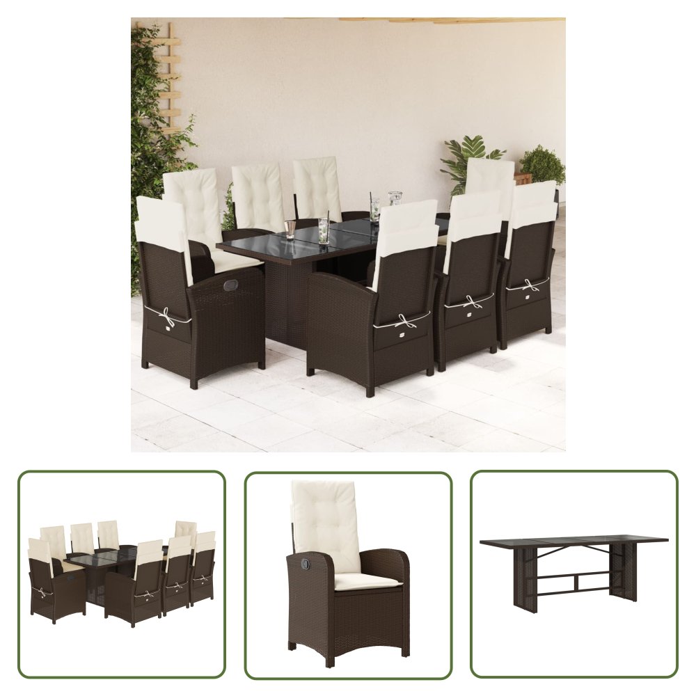 The Living Store 9-cz. zestaw mebli ogrodowych z poduszkami - brązowy - rattan PE - Meble Ogrodowe