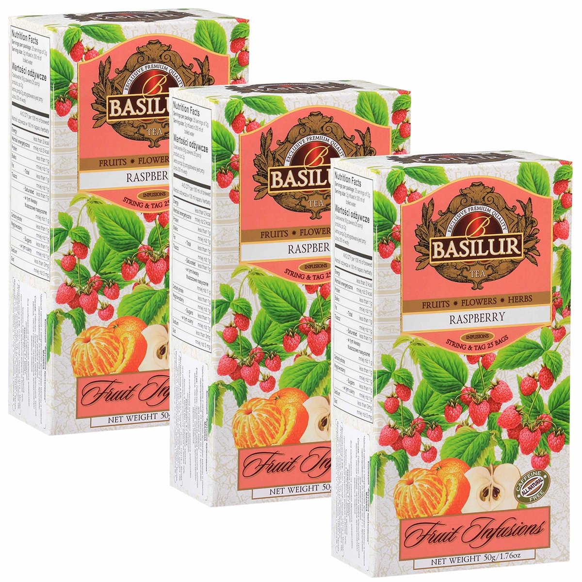 BASILUR Fruit Infusions Owocowa herbata bezkofeinowa z aromatem maliny i cytryny 25x2g x3