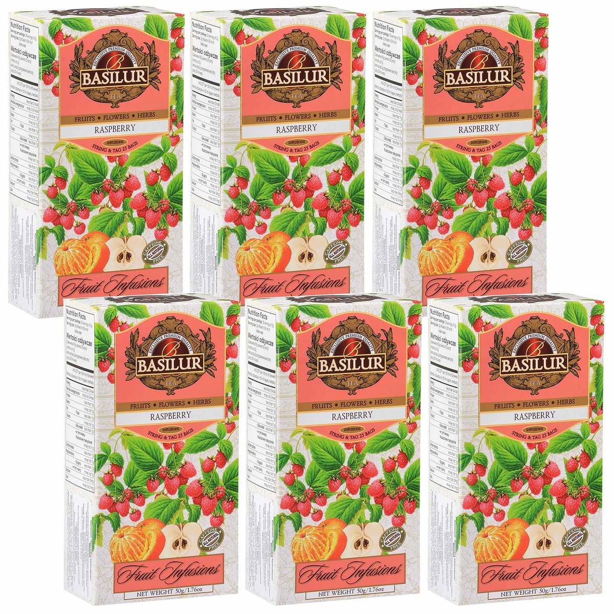 BASILUR Fruit Infusions Owocowa herbata bezkofeinowa z aromatem maliny i cytryny 25x2g x6