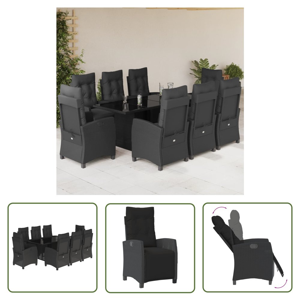 The Living Store 9-cz. zestaw mebli ogrodowych z poduszkami - czarny - rattan PE - Meble Ogrodowe