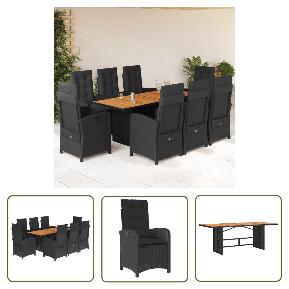 The Living Store 9-cz. zestaw mebli ogrodowych z poduszkami - czarny - rattan PE - Meble Ogrodowe