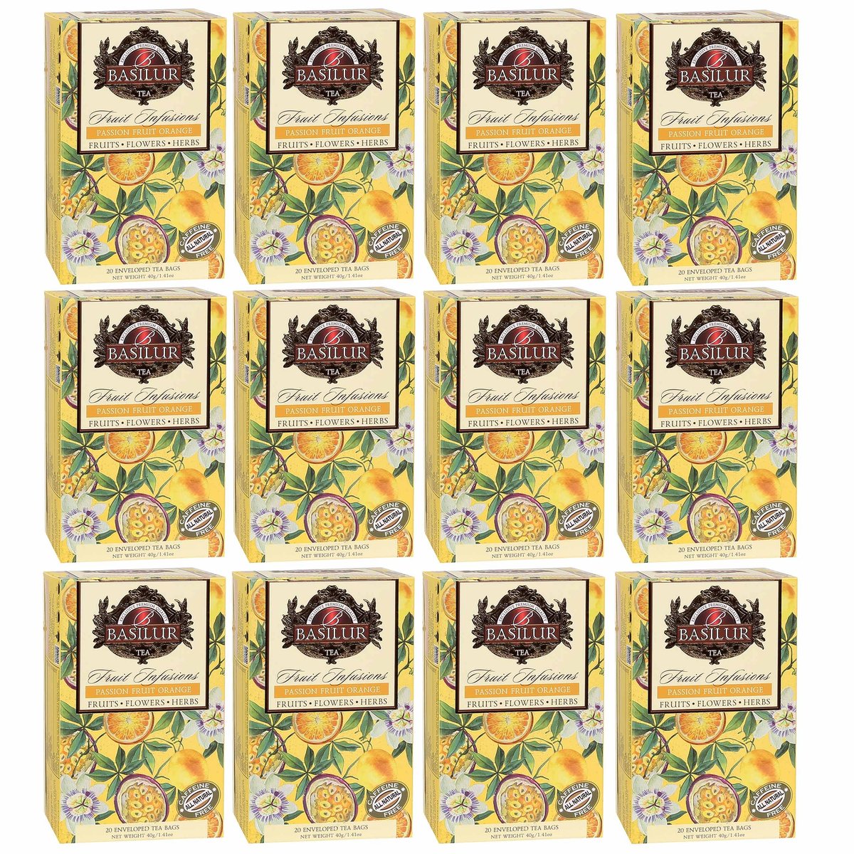 BASILUR Fruit Infusions - Owocowa herbata bezkofeinowa z aromatem marakui, mandarynki i cytrusów, w saszetkach 20 x 2 g x12