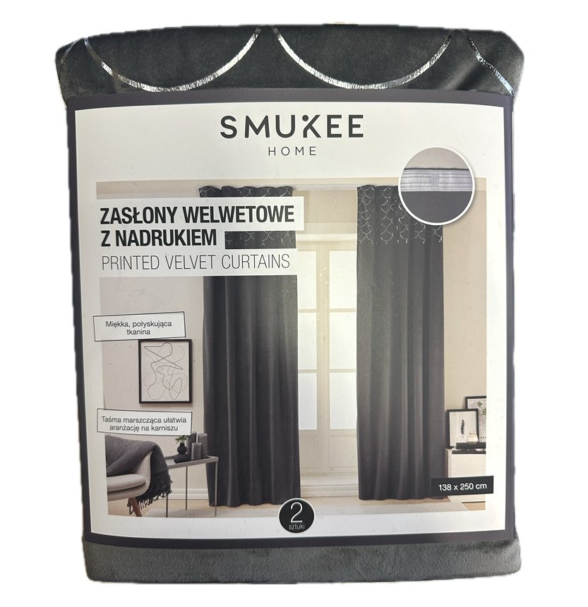 Zasłona welwetowa z nadrukiem na taśmie 138 cm x 250 cm odcień szarości