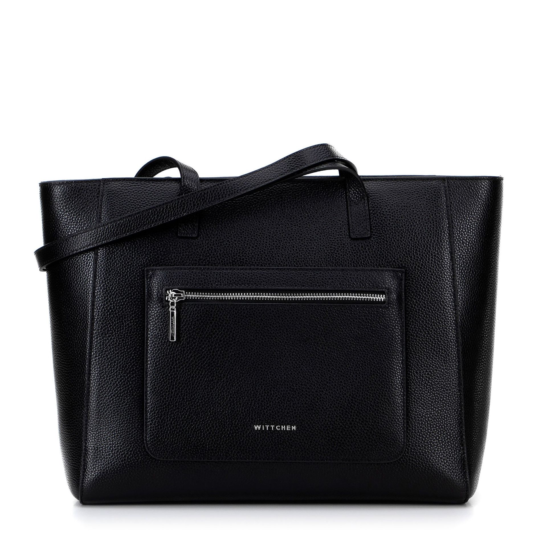 Skórzana torba shopper z kieszeniami na froncie czarna ze srebrnym logo