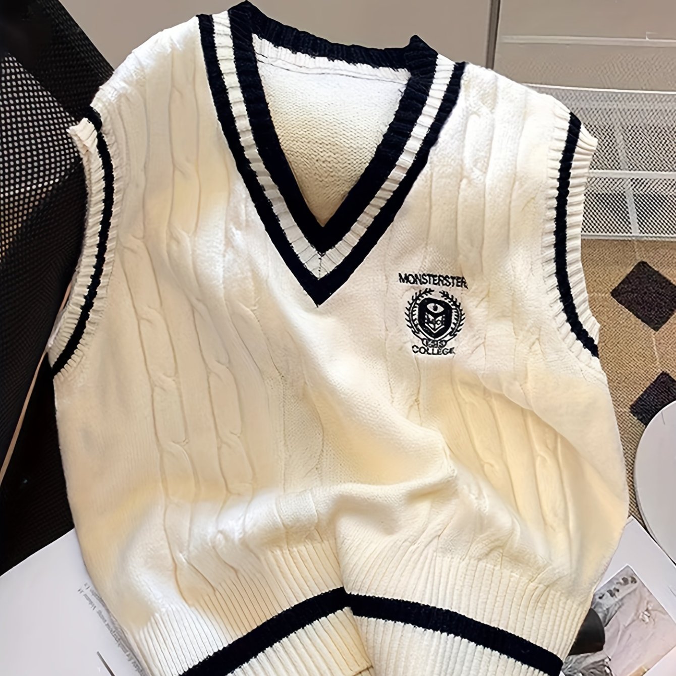 TEMU Elegancki Kamizelka z Dekoltem w Serek z Kołnierzem i Białymi Lamówkami - & Granatowa Kontrastowa Ozdoba Bezrękawnik, Odzież Wierzchnia na Każdą