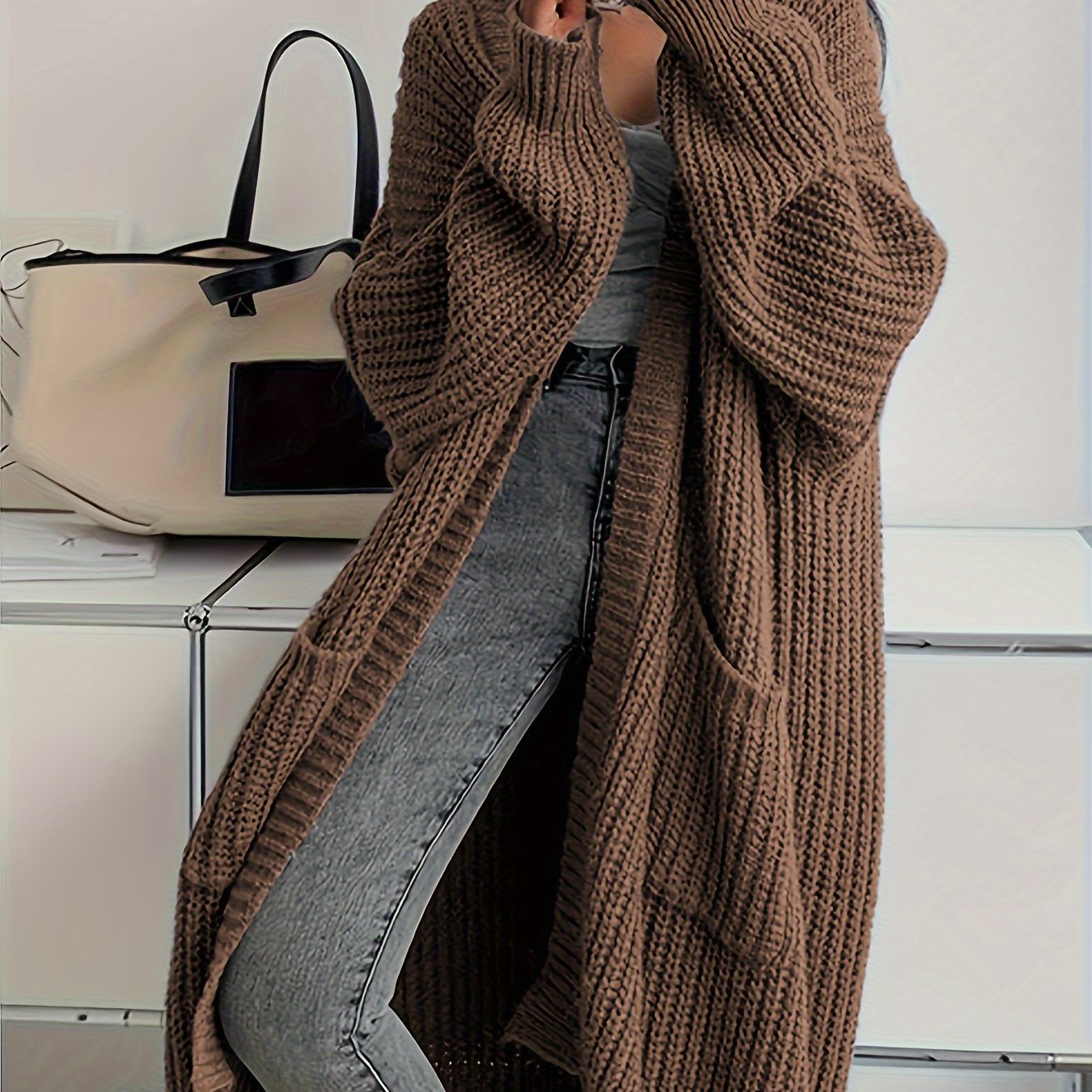 TEMU Jesień i Damski Kardigan z Długim Rękawem i Kieszeniami