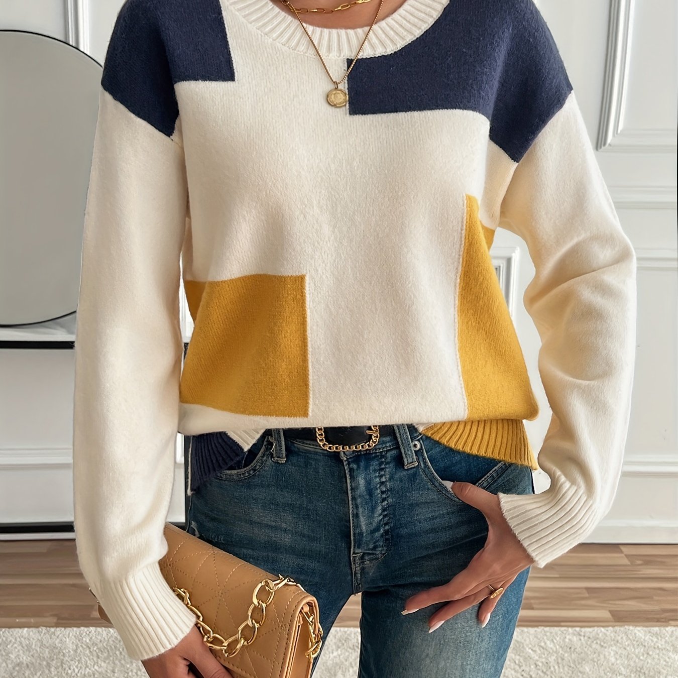 TEMU Sweter damski casualowy z blokami kolorów, okrągłym dekoltem - Akrylowa mieszanka dzianinowa z lekkim rozciągnięciem, opadającym rękawem,