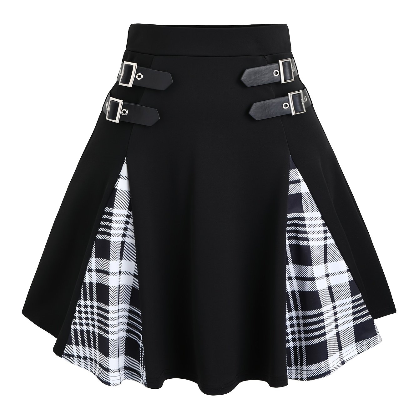 TEMU Spódnica A-Line w Kratę dla Kobiet - Czarno-Fioletowa, Wysoki Stan z Metalowymi Sprzączkami, Średnio Elastyczna, Do Prania Ręcznego, Moda