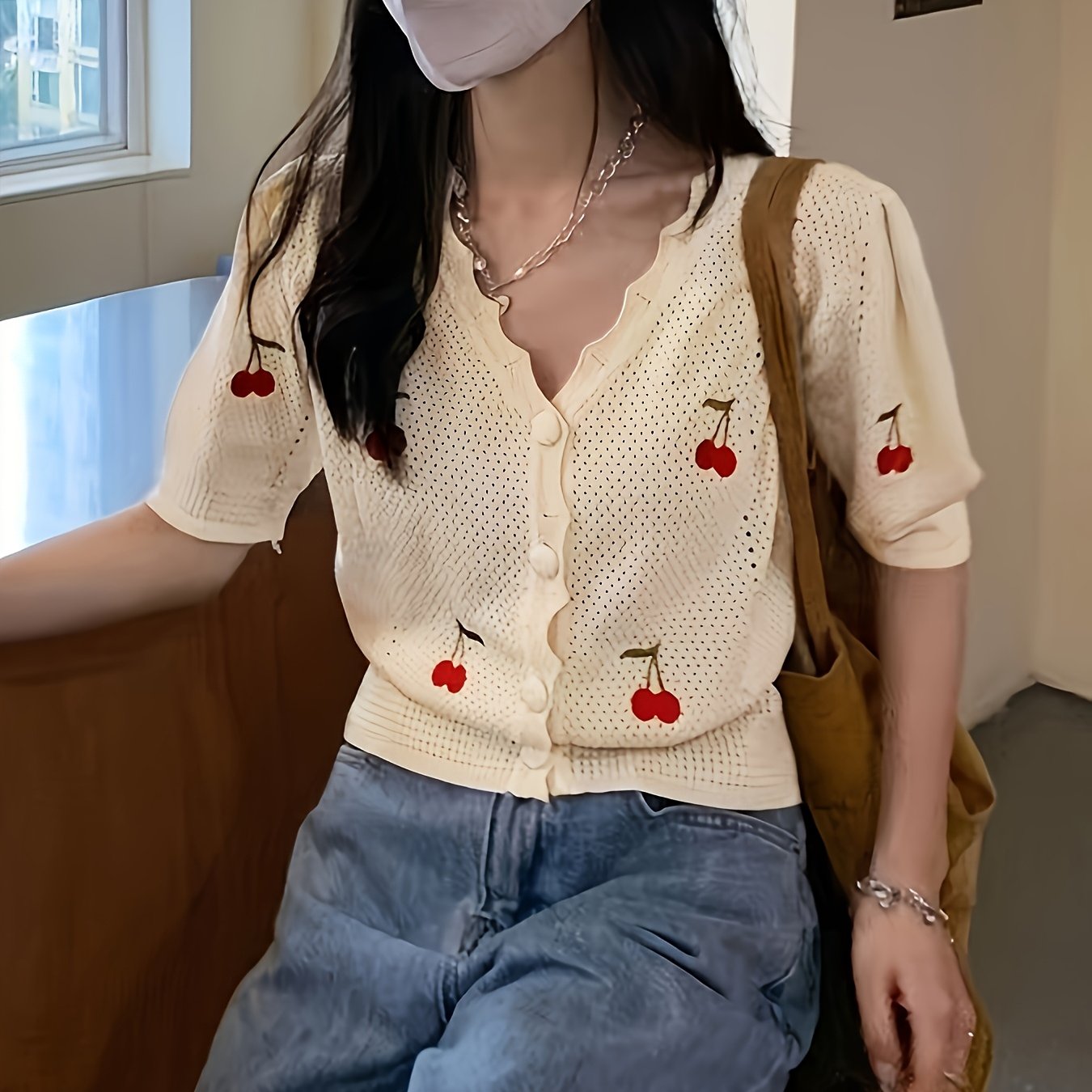 TEMU Wiosenno-Letni Modny, Oddychający Sweter Kardigan z Haftowanymi Wiśniami dla Kobiet