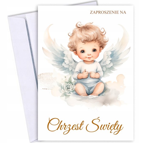 ZAPROSZENIA 10szt NA CHRZEST ŚWIĘTY DLA CHŁOPCZYKA KOPERTA Aniołek 170