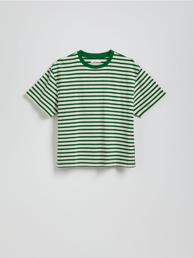 Reserved - Bawełniany t-shirt w paski - zielony