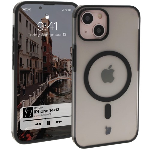 Bizon Etui z pierścieniem magnetycznym Case MatteO do iPhone 14 / Phone 13, półprzezroczyste z czarną ramką