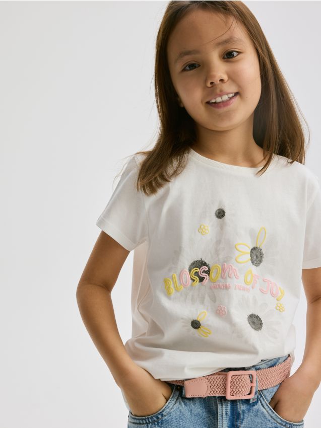 Reserved - T-shirt z wypukłym nadrukiem - złamana biel