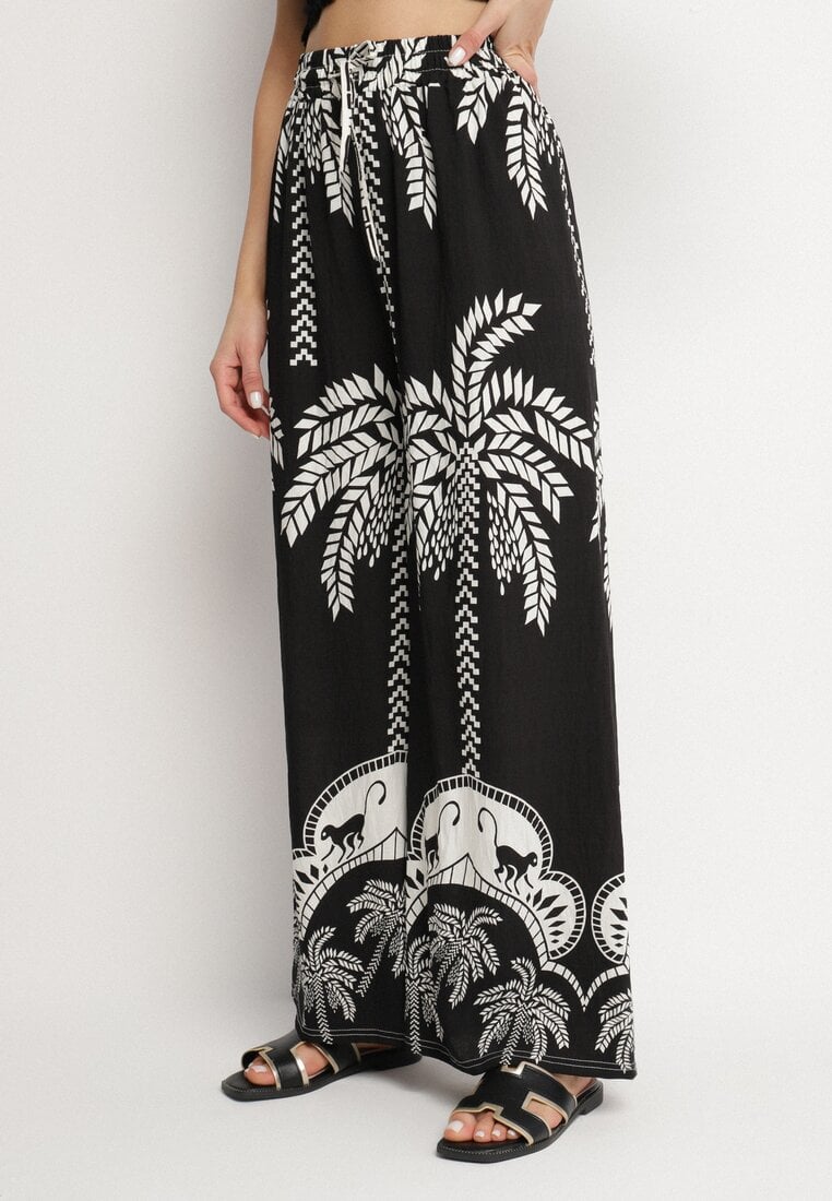 Czarne Wiskozowe Szerokie Spodnie z Wysokim Stanem z Palmami Bolritia