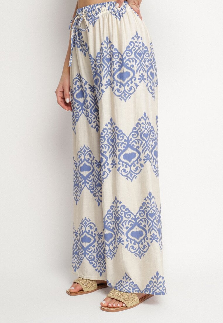 Niebieskie Wiskozowe Szerokie Spodnie z Geometrycznym Wzorem Faneoriela