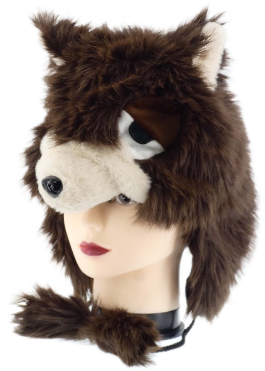 Zabawna Ciepła Zimowa Czapka Kobieca Z Futerkiem Mordka Wilczek Brązowy