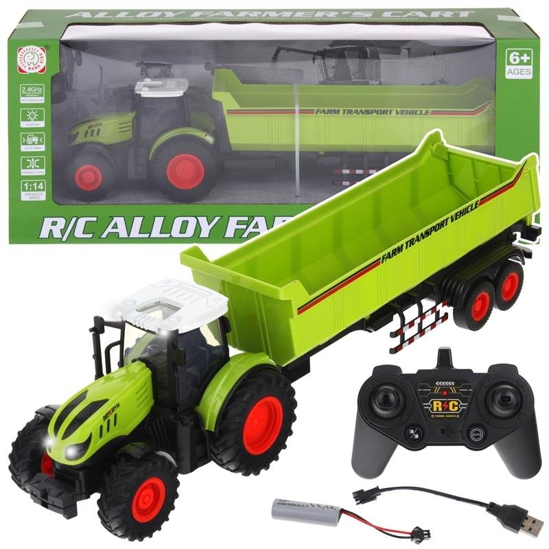 Traktor Zdalnie Sterowany Ciągnik z Przyczepą RC Pilot Światła - zielony