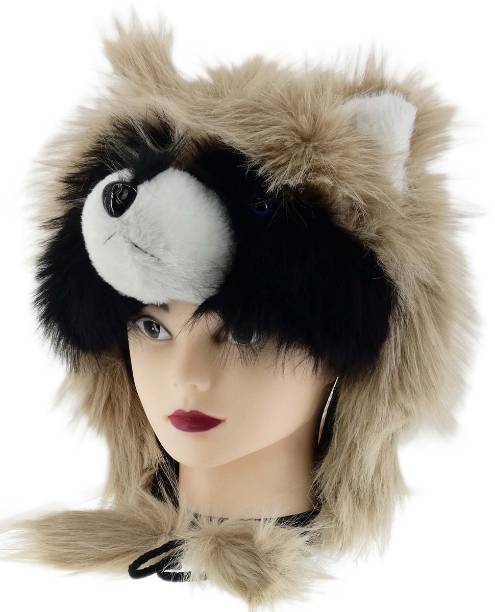 Zabawna Ciepła Zimowa Czapka Kobieca Z Futerkiem Mordka Miś Pompony Kawowa