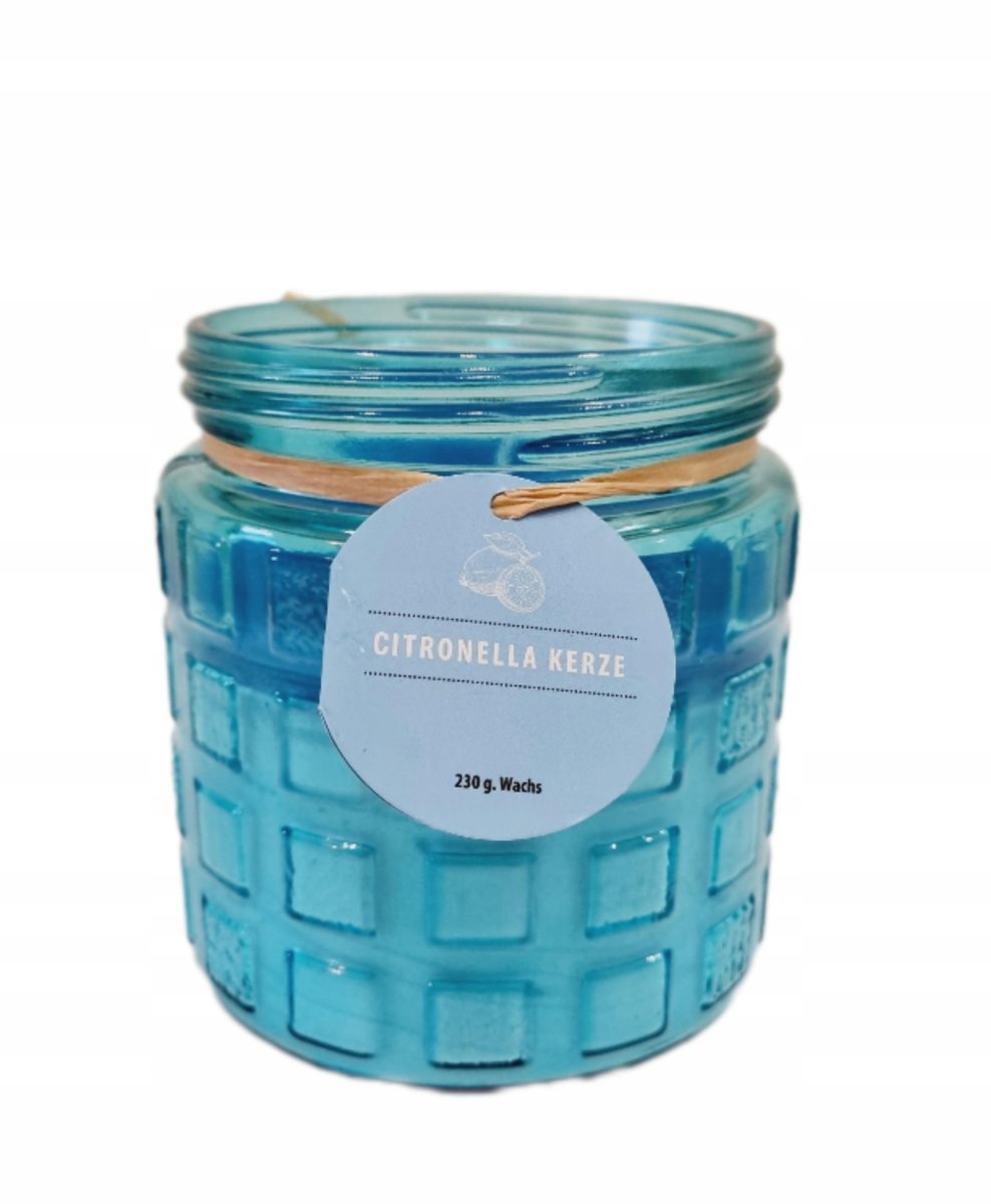 Świeca dekoracyjna zapachowa Citronella 230g w szkle niebieska 12 x 11 cm