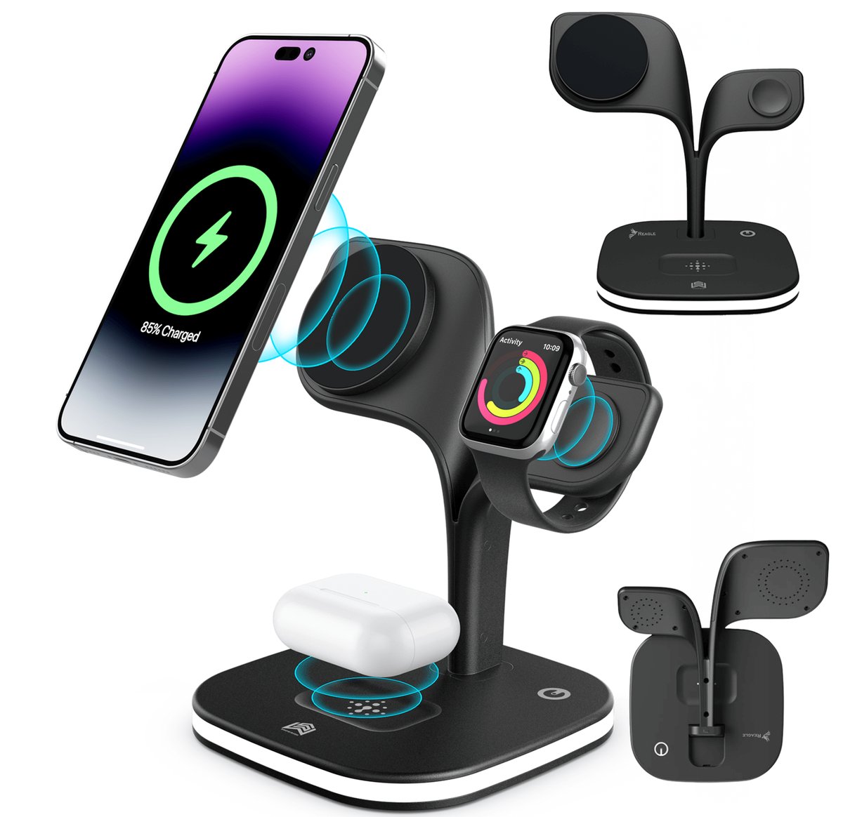 ŁADOWARKA INDUKCYJNA 5W1 MAGSAFE QI 15W IPHONE, LAMPKA NOCNA SMARTWATCH REAGLE