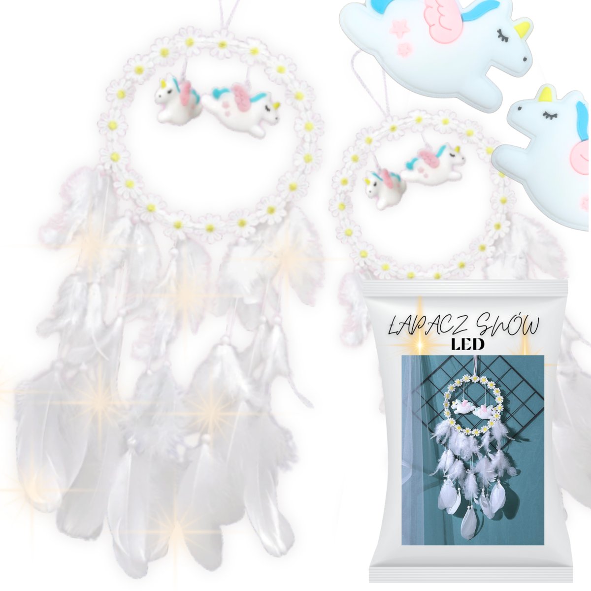 Łapacz snów jednorożec dzieci makrama ozdoba pióra biała dekoracja prezent