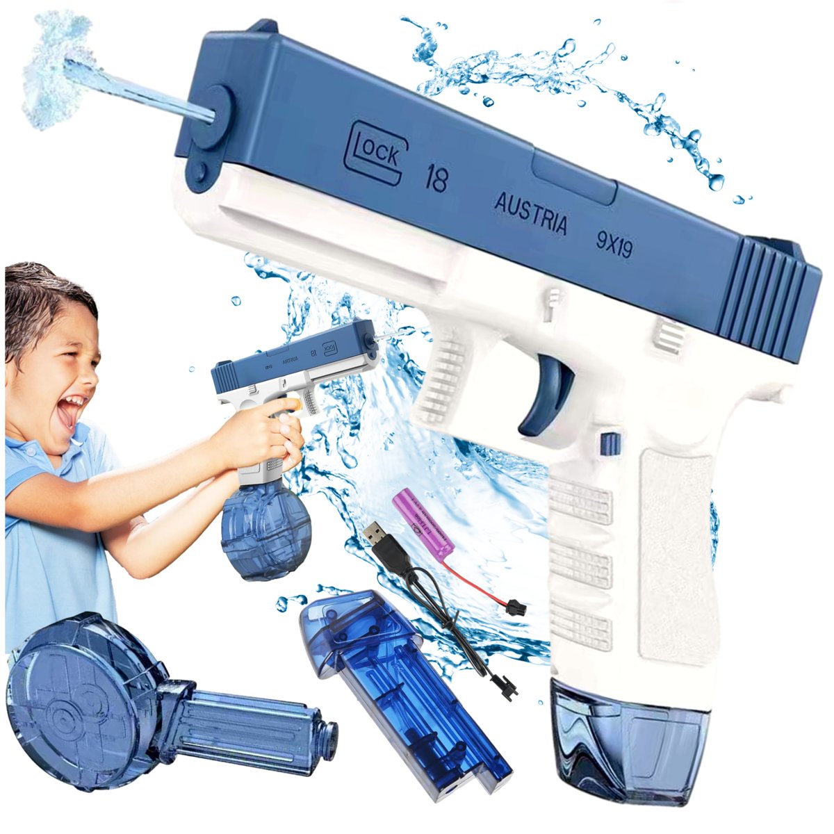 PISTOLET NA WODĘ ELEKTRYCZNY AUTOMATYCZNY GLOCK + akumulator + 2 magazynki