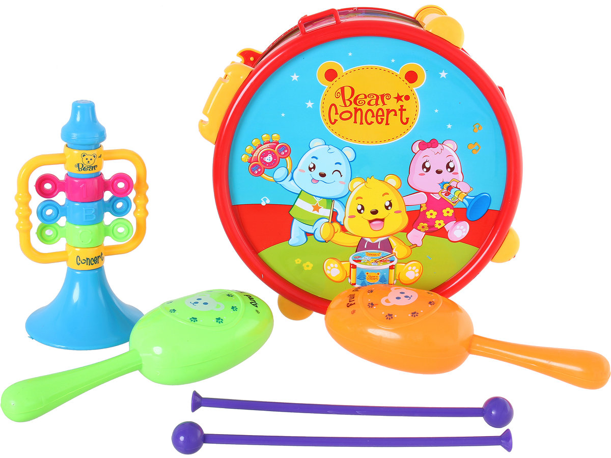 Instrumenty Muzyczne BĘBENEK Z PAŁECZKAMI Marakasy Trąbka GRZECHOTKI