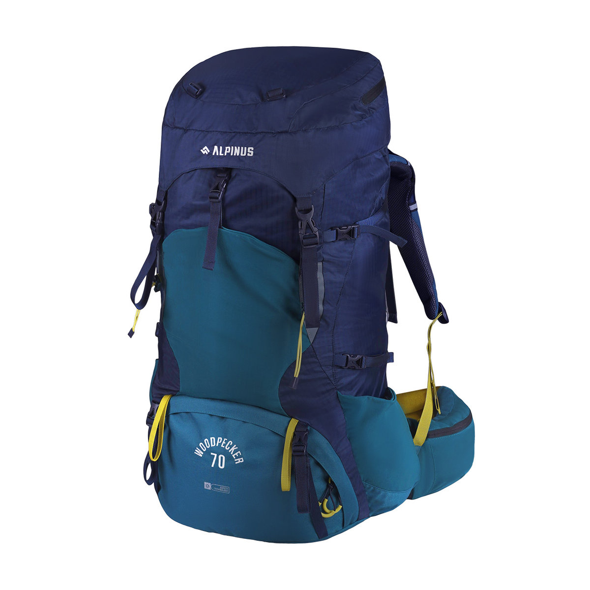 Plecak Alpinus Woodpecker 70 granatowo-zielony, duży, w góry, H2O, lekki aluminiowy stelaż
