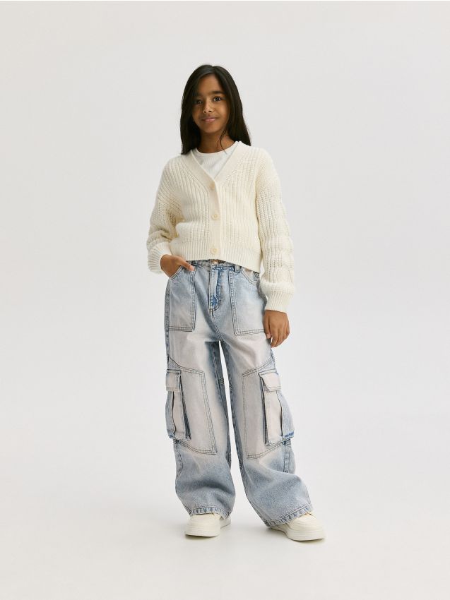 Reserved - Jeansy wide leg cargo - niebieski