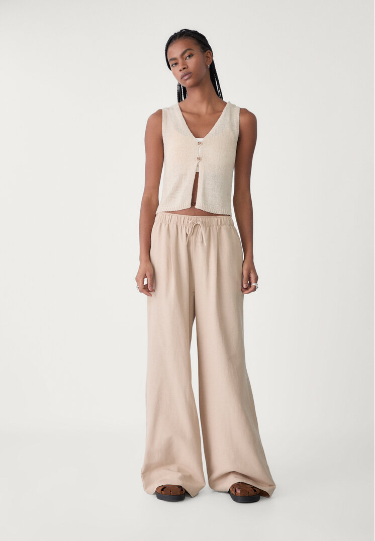 Stradivarius Lniane spodnie wide leg Kamień S