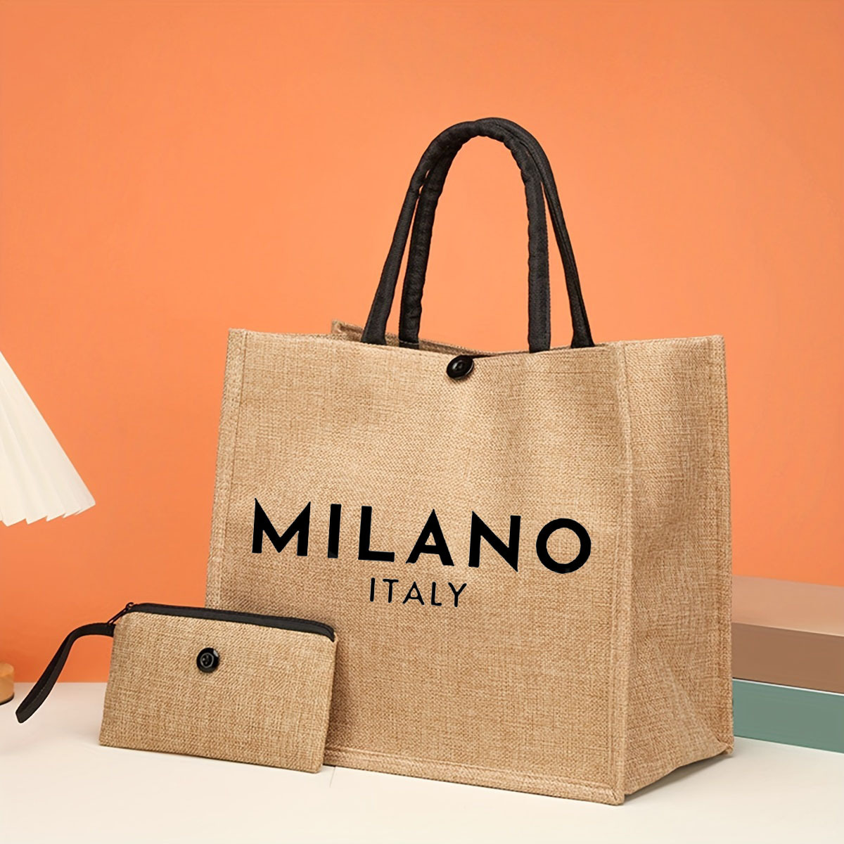 TEMU Zestaw torebek z juty włoskiej: Lekka torebka do zakupów w kolorze khaki z mini portmonetką, trwała tkanina, podszewka z poliestru, zamek na