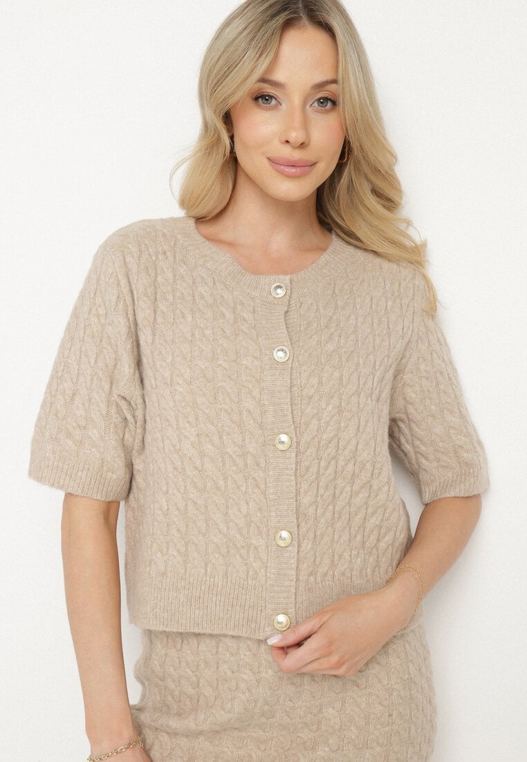 Beżowy Rozpinany Kardigan z Wełną Ozdobiony Guzikami i Tłoczeniem Ralzeki