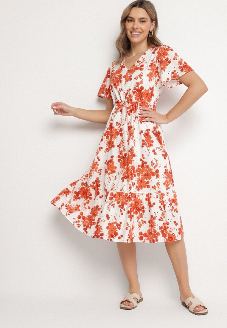 Pomarańczowa Sukienka z Bawełny Ażurowa w Kwiaty z Rozkloszowanym Dołem Florbia